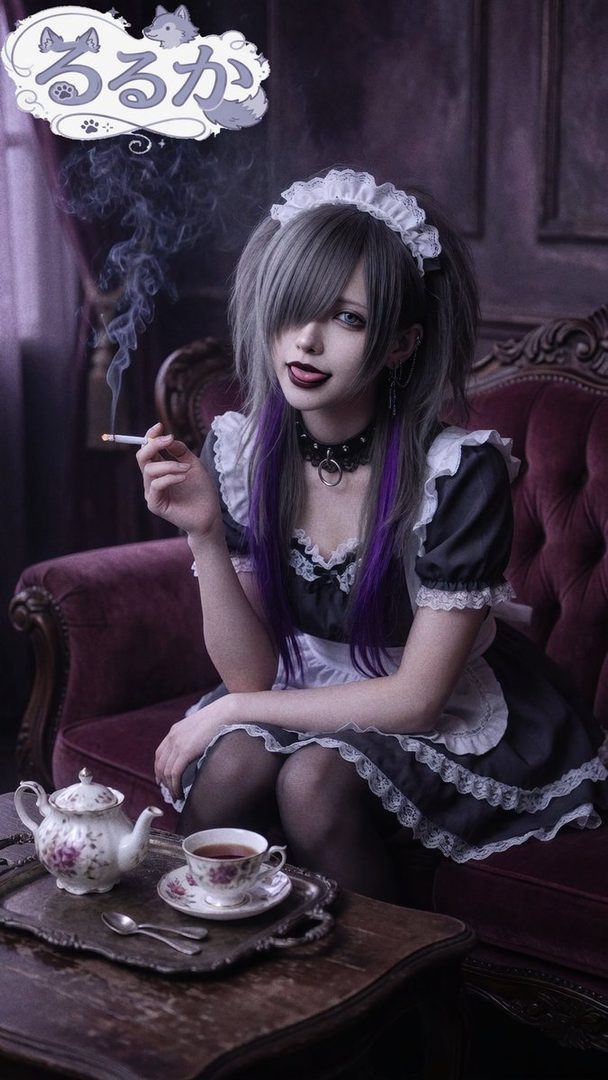 A gothic maid with silver and purple hair sits on a velvet couch, holding a cigarette, with a tea set on a table beside her.