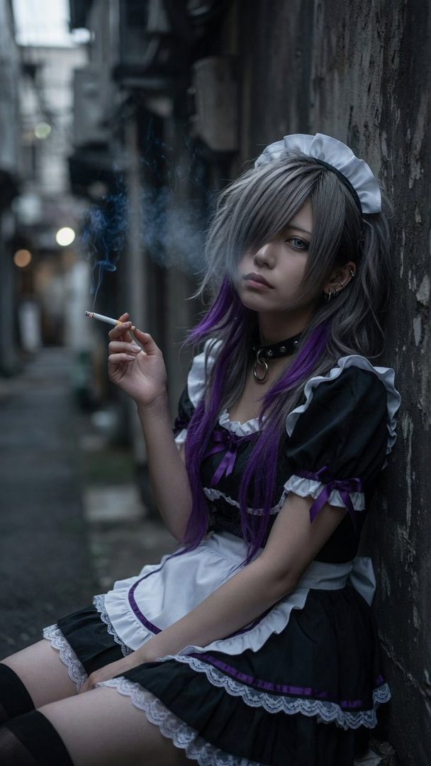 A person with silver and purple hair in a maid outfit sits in a dark alley, holding a lit cigarette.