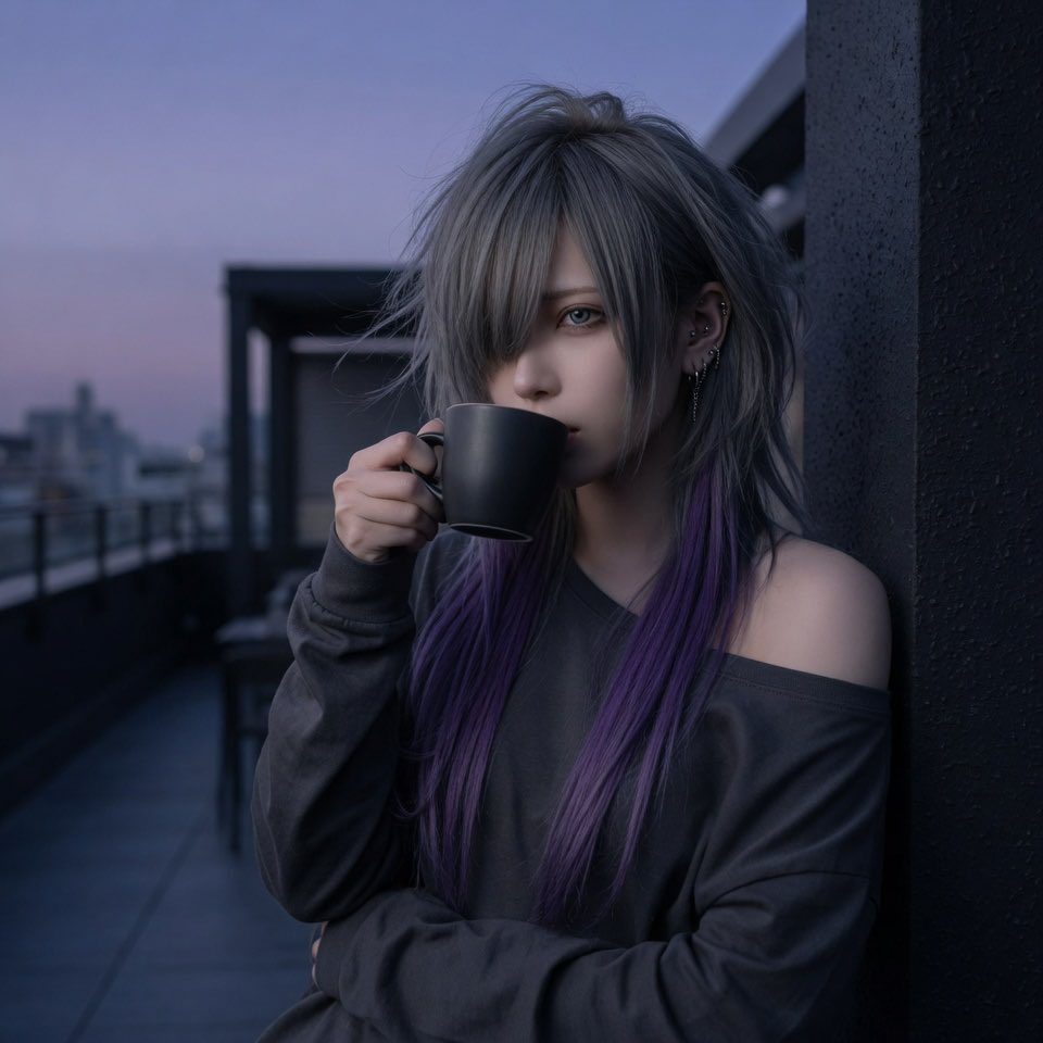 A person with silver and purple hair sips from a black mug on a rooftop at dusk.