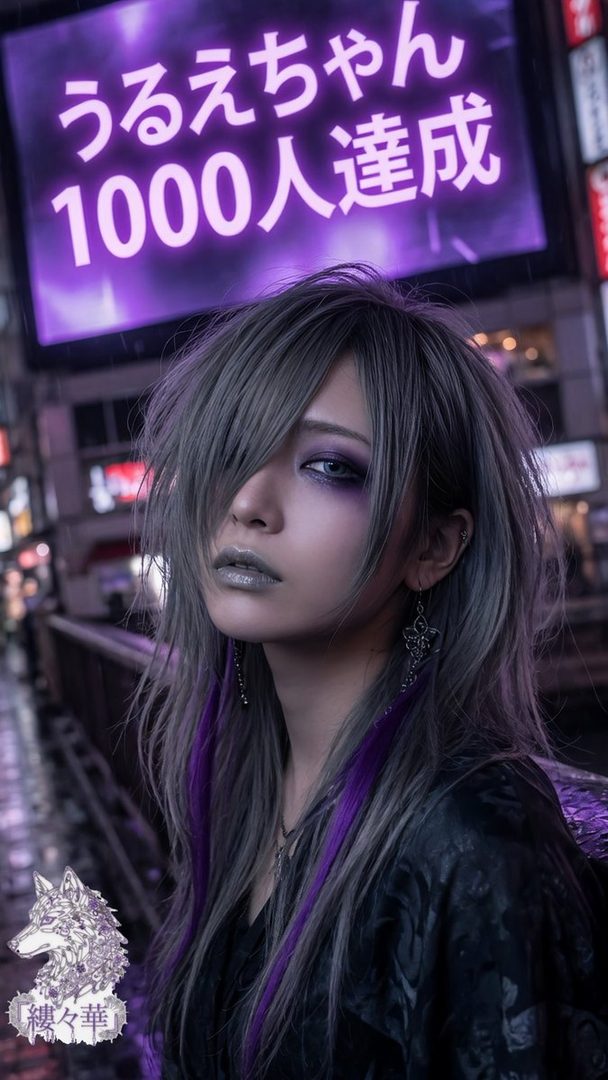 A person with silver and purple hair and dramatic makeup poses on a city street at night with a glowing purple sign in the background.