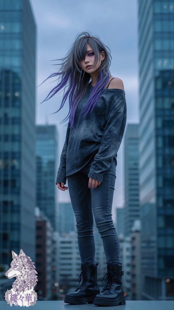 A woman with long blue hair and a dark casual outfit stands on a rooftop with a city skyline in the background.