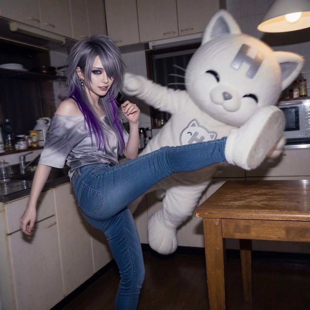 A woman with silver and purple hair in a casual outfit playfully kicks a white cat mascot costume in a kitchen.