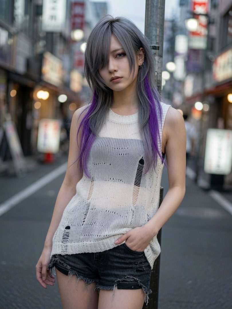 A woman with long silver and purple hair stands on a city street, wearing a ripped white top and black shorts.