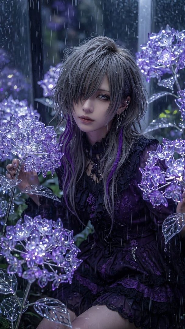 A person with silver and purple hair in a dark purple dress, surrounded by glowing purple flowers in the rain.