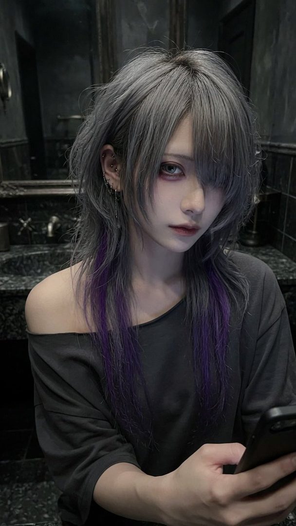 A person with silver and purple hair, wearing an off-shoulder top, holds a phone in a dimly lit indoor setting.
