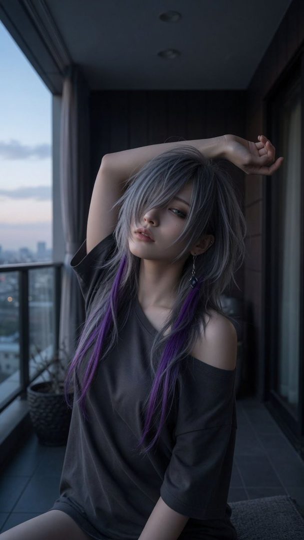 A woman with long silver and purple hair, wearing a dark off-the-shoulder top, poses on a balcony with a city view at dusk.