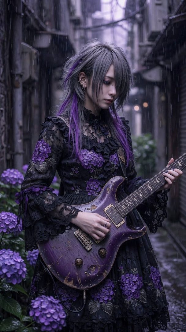 A woman with purple and grey hair in a black lace dress with purple floral patterns plays an electric guitar in the rain on a city street.
