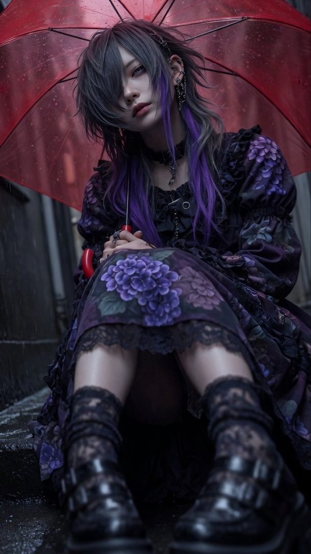 A person with dark and purple hair, wearing a dark floral dress, sits under a red umbrella in the rain.