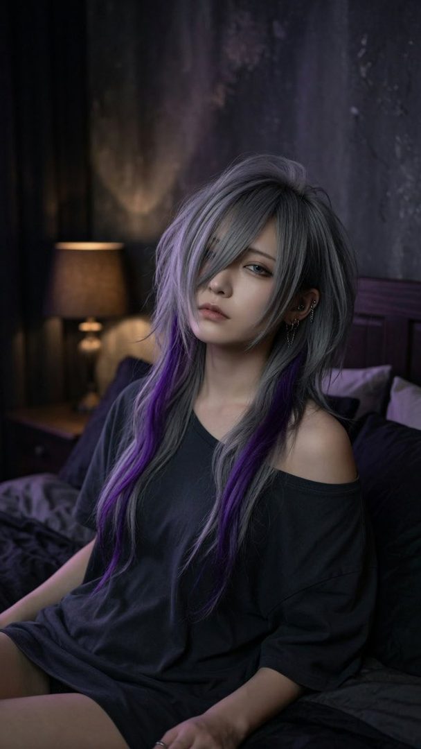 A person with long silver and purple hair, wearing a dark t-shirt, sits on a bed in a dimly lit room.