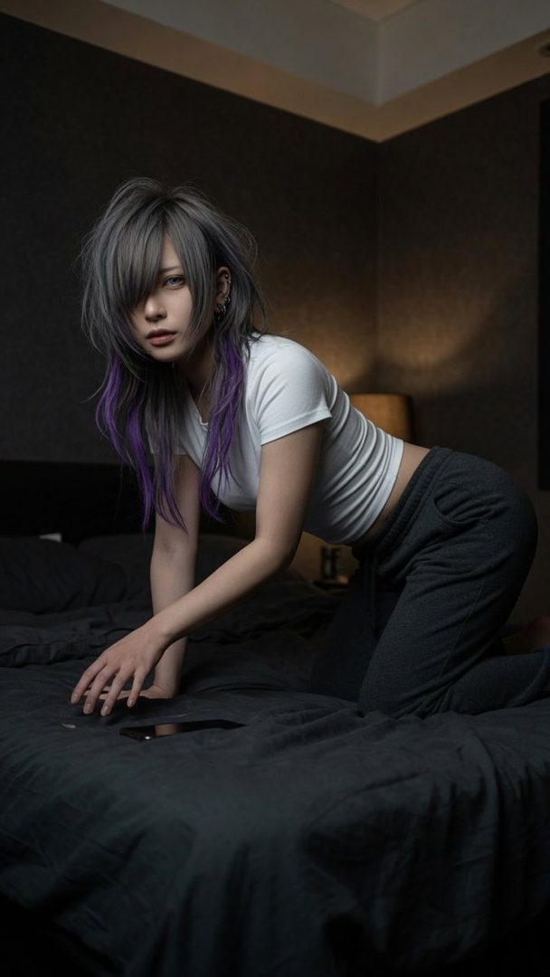 A woman with silver and purple hair kneels on a dark bed, wearing a white crop top and sweatpants, reaching for a phone.