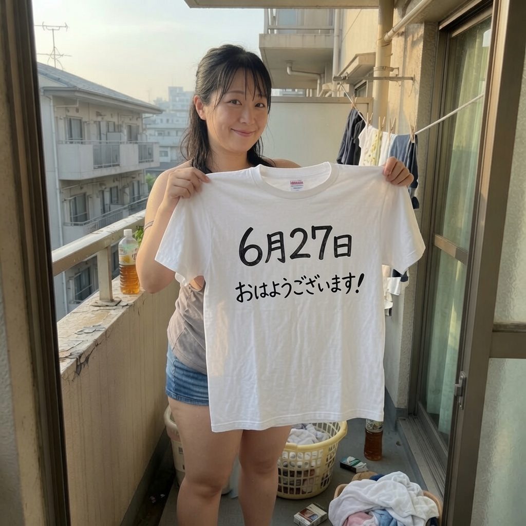 A Japanese woman stands on a balcony holding up a white t-shirt with Japanese text, smiling at the camera.
