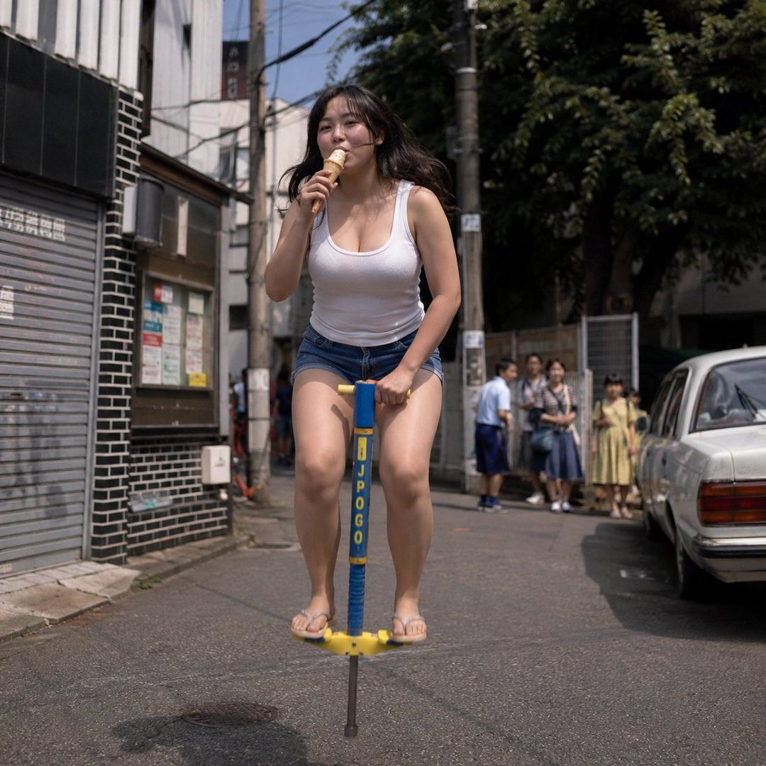 A young woman in a white tank top and denim shorts eats ice cream while bouncing on a pogo stick on a city street.