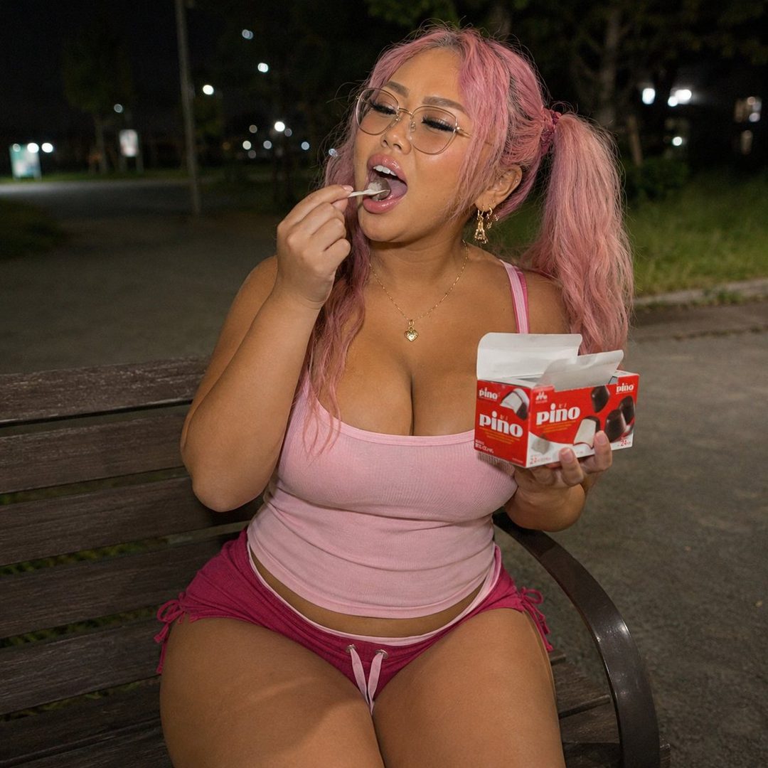 A woman with pink twintails and glasses sits outdoors at night, eating ice cream from a box.
