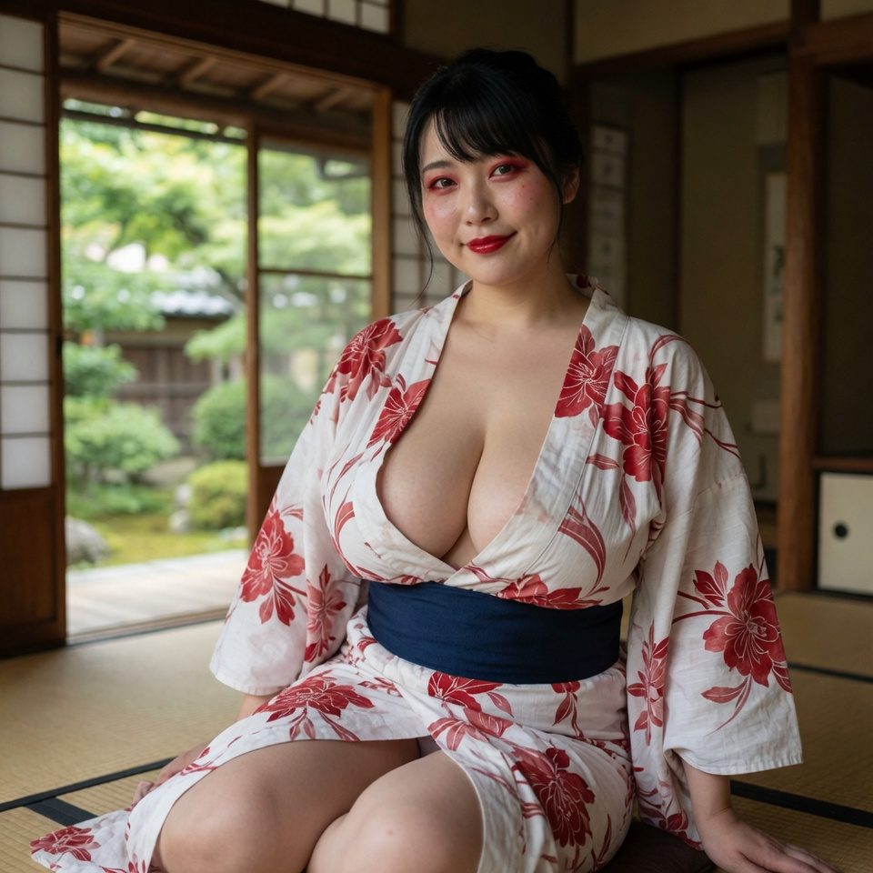 A woman in a yukata with a deep neckline sits on a tatami mat in a traditional Japanese room with a garden view.