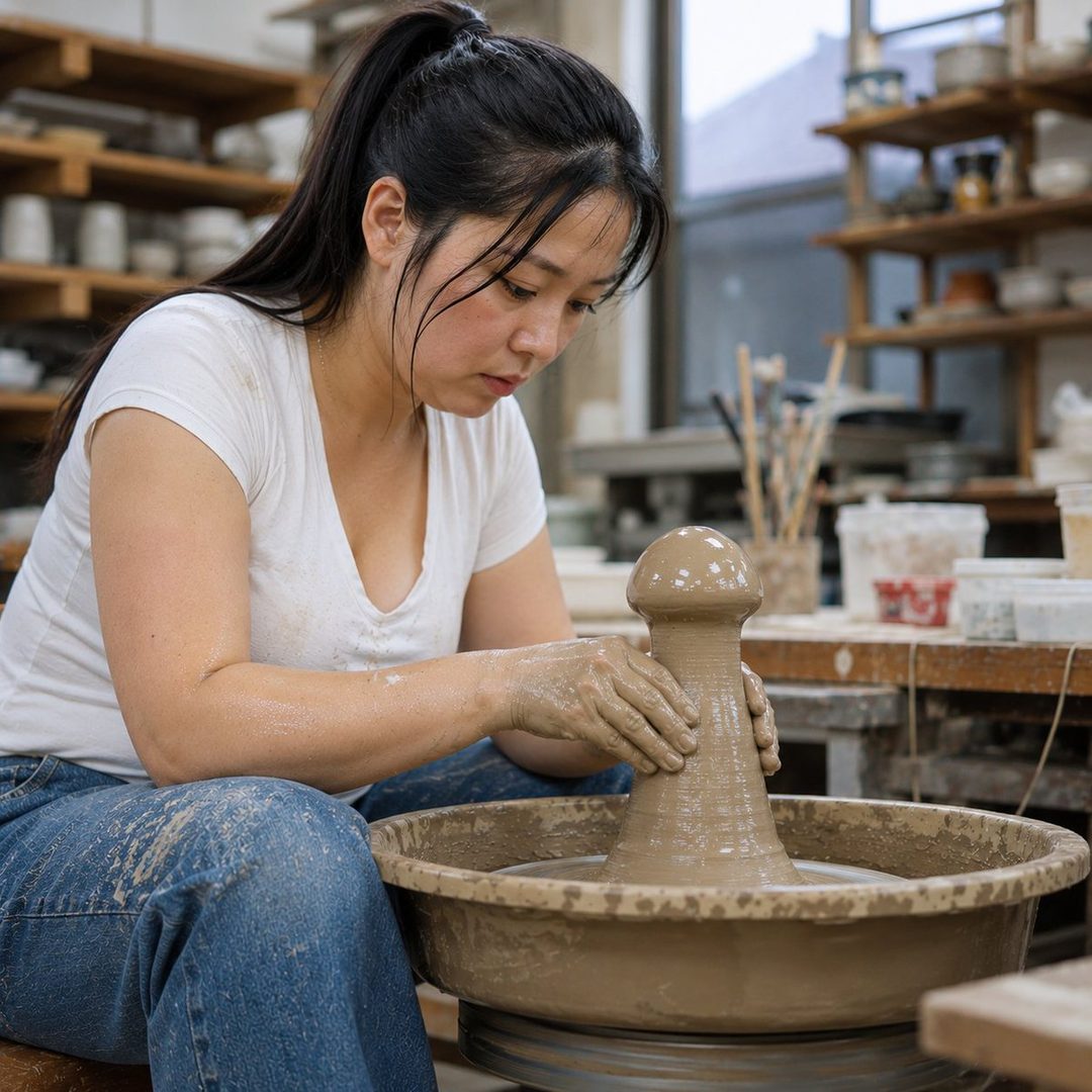 A woman with black hair in a ponytail, wearing a white t-shirt and jeans, is focused on shaping clay on a pottery wheel in a studio.