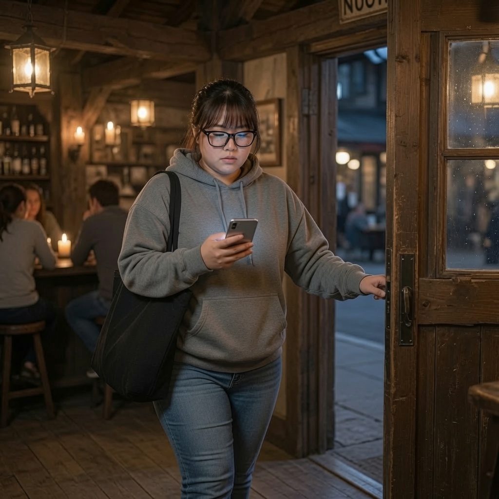 A young woman in a grey hoodie and jeans looks at her phone while opening a wooden door in a dimly lit bar.