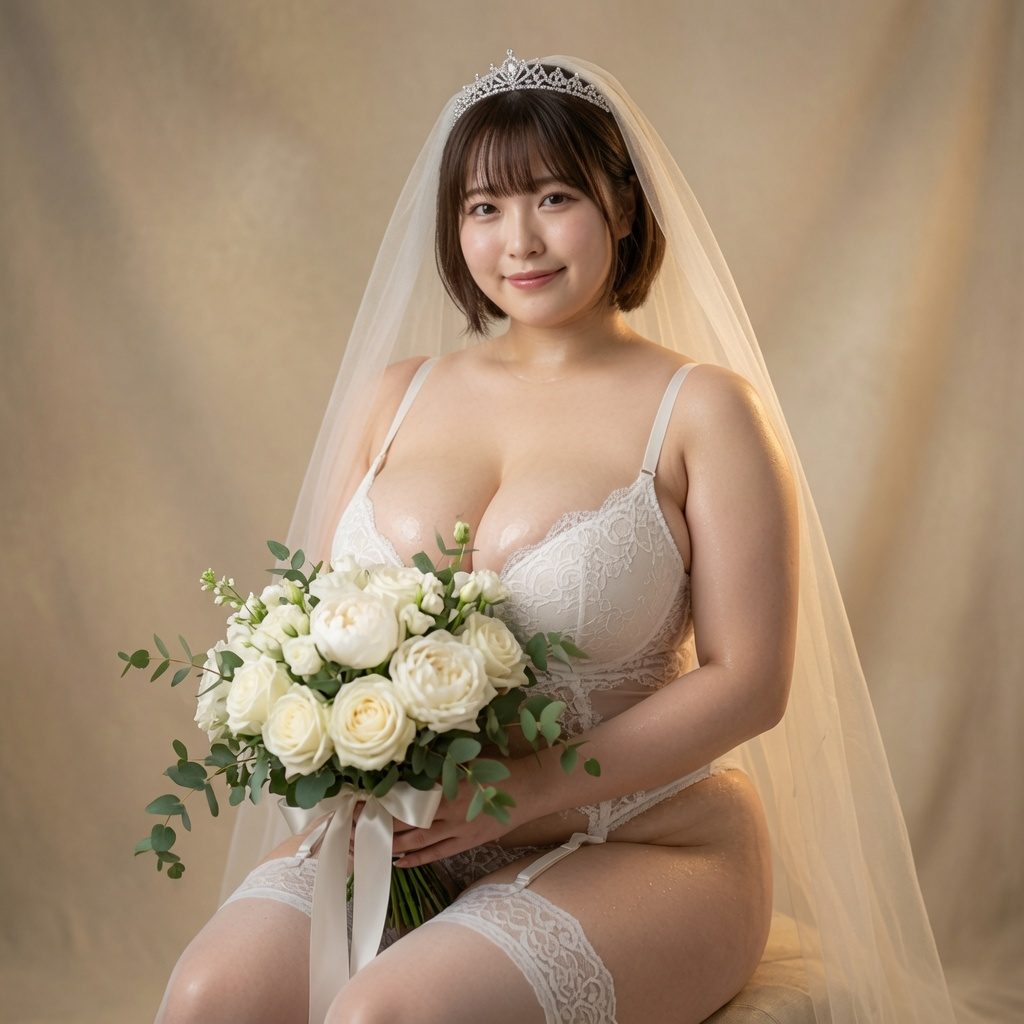 A smiling woman in a white lace bridal lingerie set, veil, and tiara, holding a white rose bouquet in a studio setting.