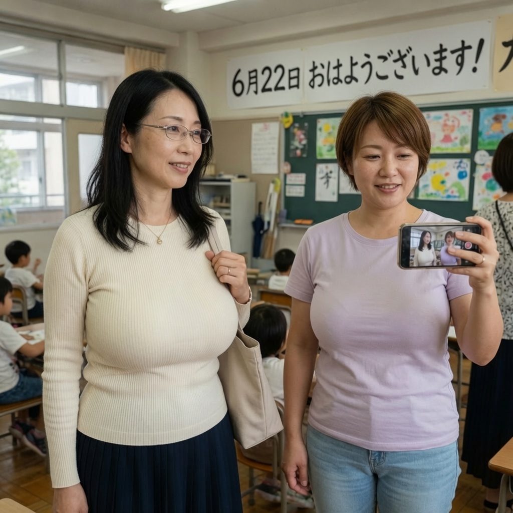 Two Japanese women are standing in a classroom, one taking a selfie with a smartphone.