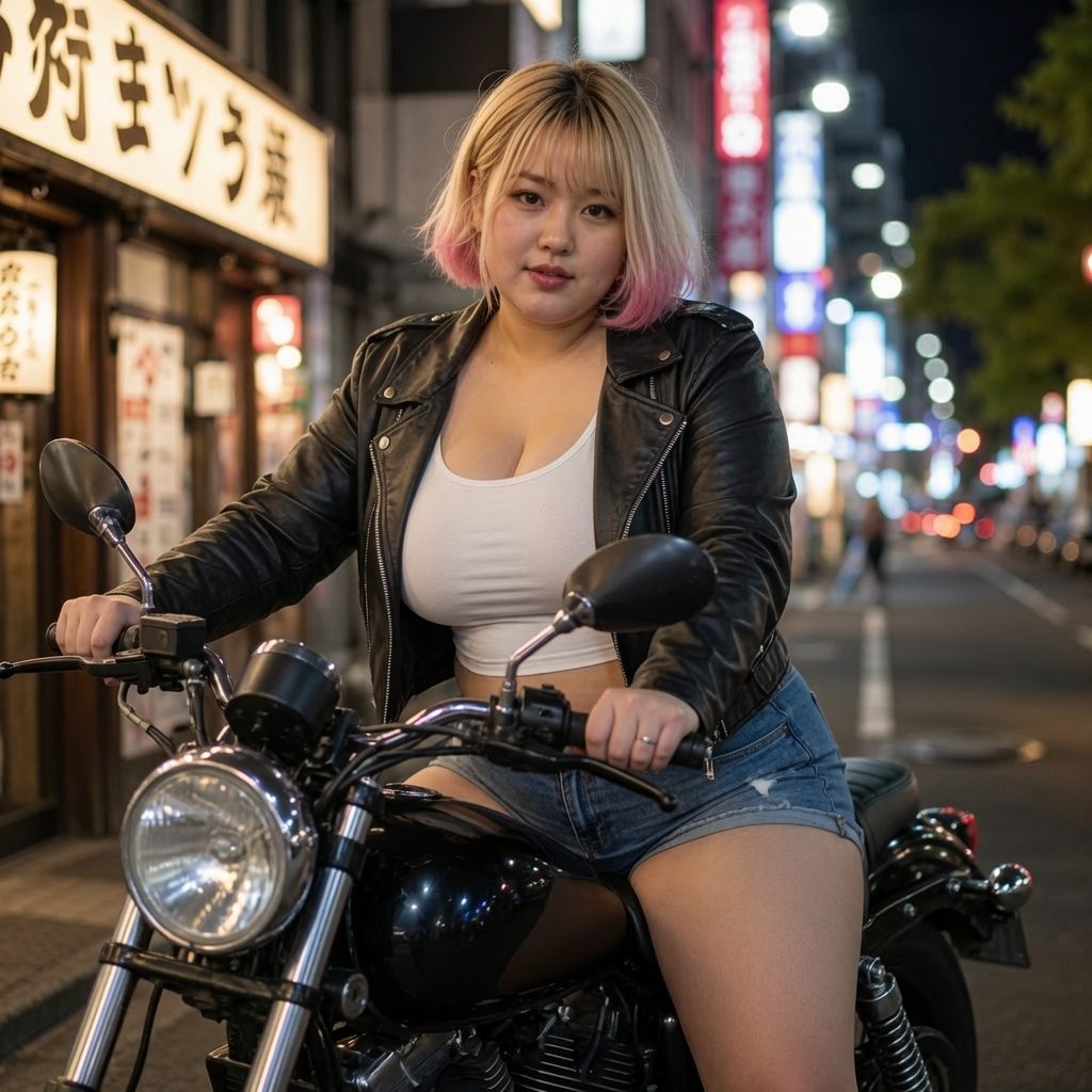 A woman with blonde and pink hair sits on a motorcycle at night on a city street.