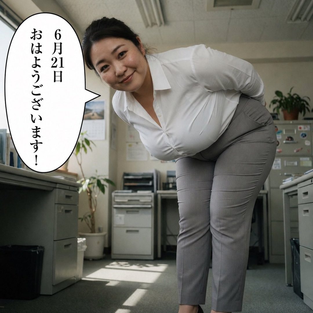 A woman in a white blouse and grey pants bows in an office setting, with a speech bubble containing Japanese text.