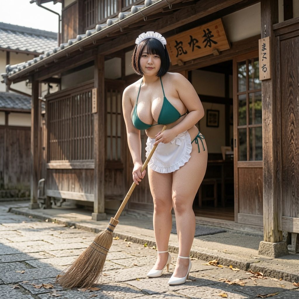 A woman in a green bikini and maid apron sweeps outside a traditional Japanese building.