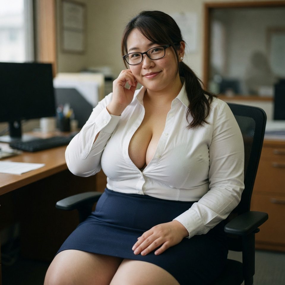 A smiling woman with glasses and a white blouse sits in an office chair, looking at the camera.