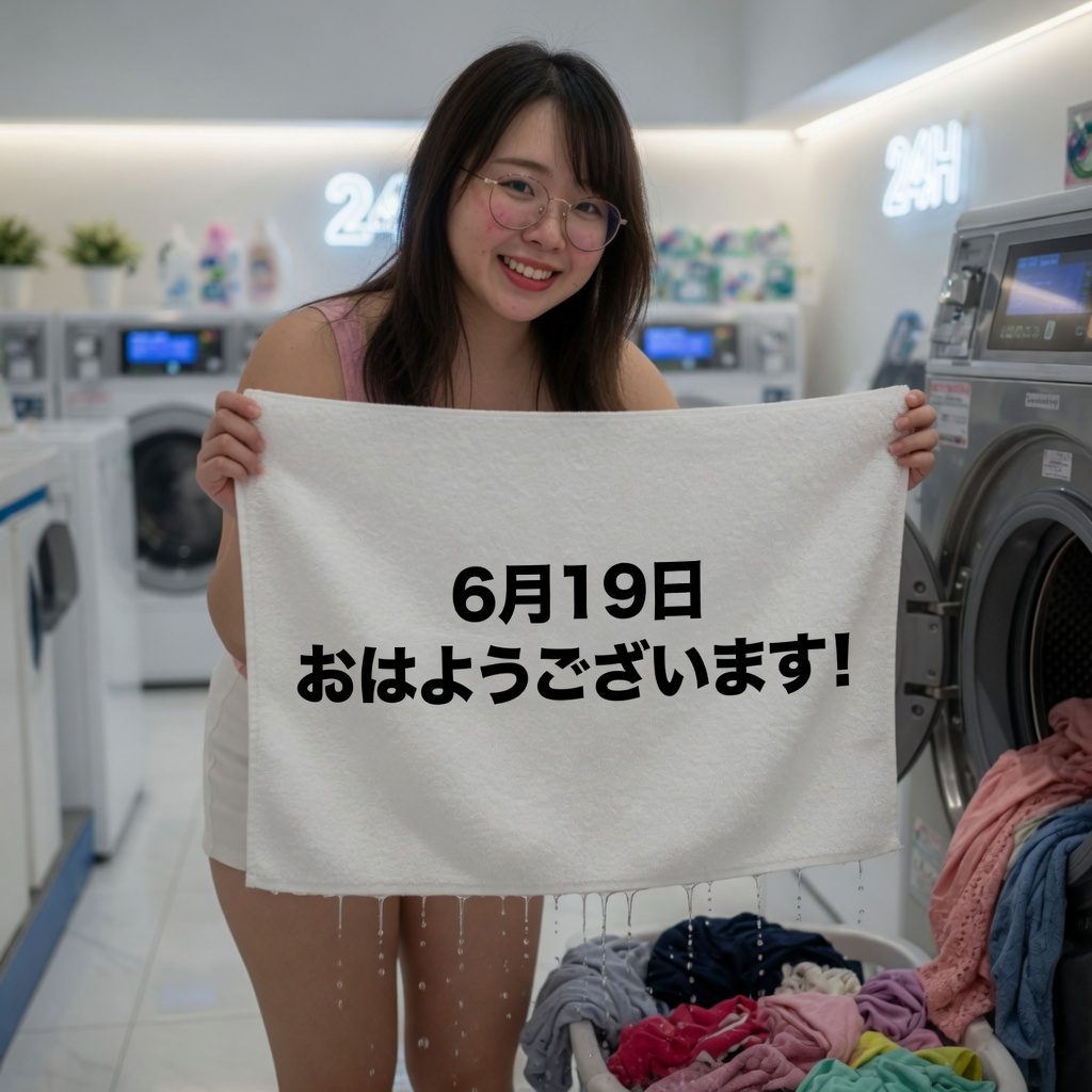 A smiling woman in glasses holds a wet towel with Japanese text in a laundromat.