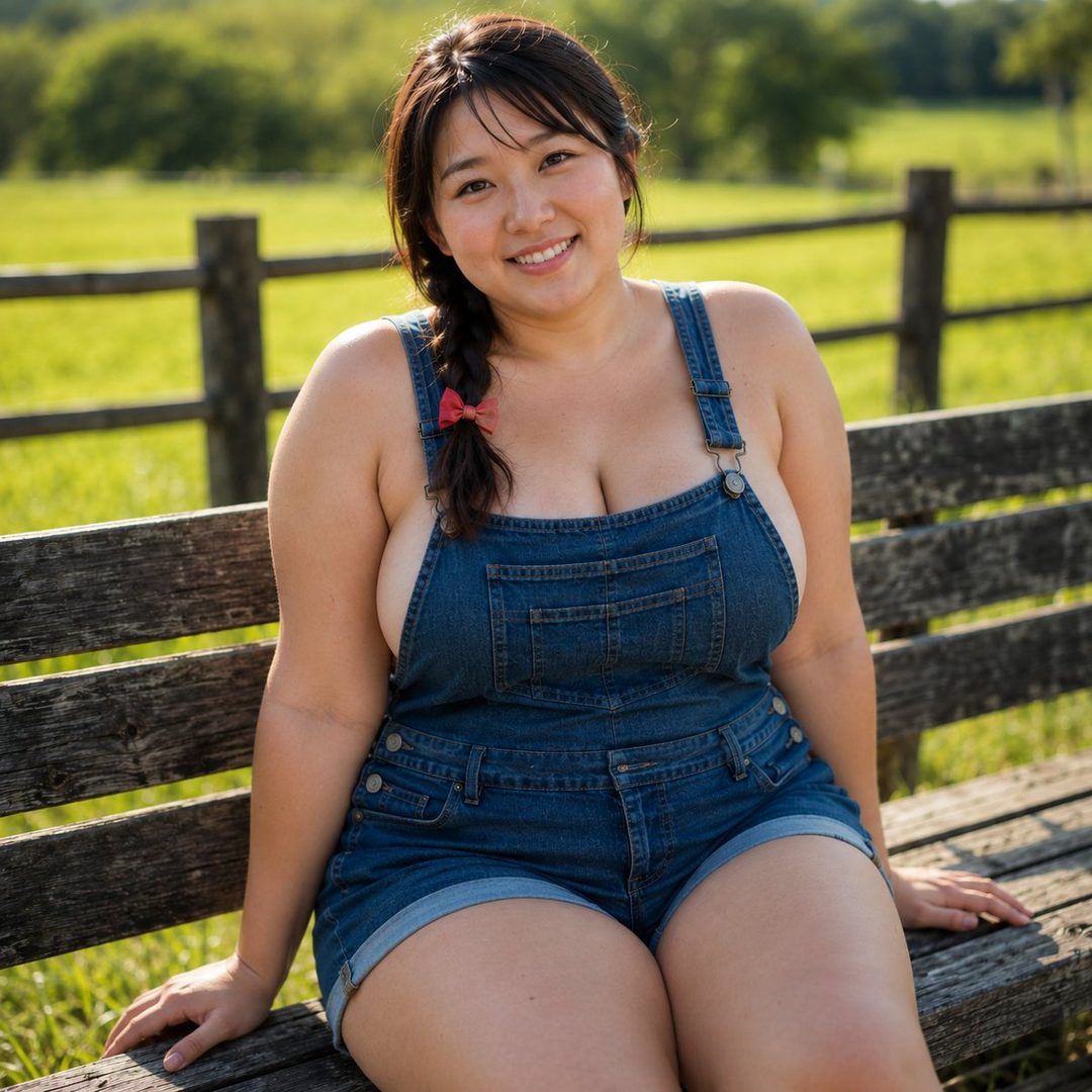 A smiling woman with dark hair in a braid, wearing denim overalls, sits on a wooden bench outdoors.