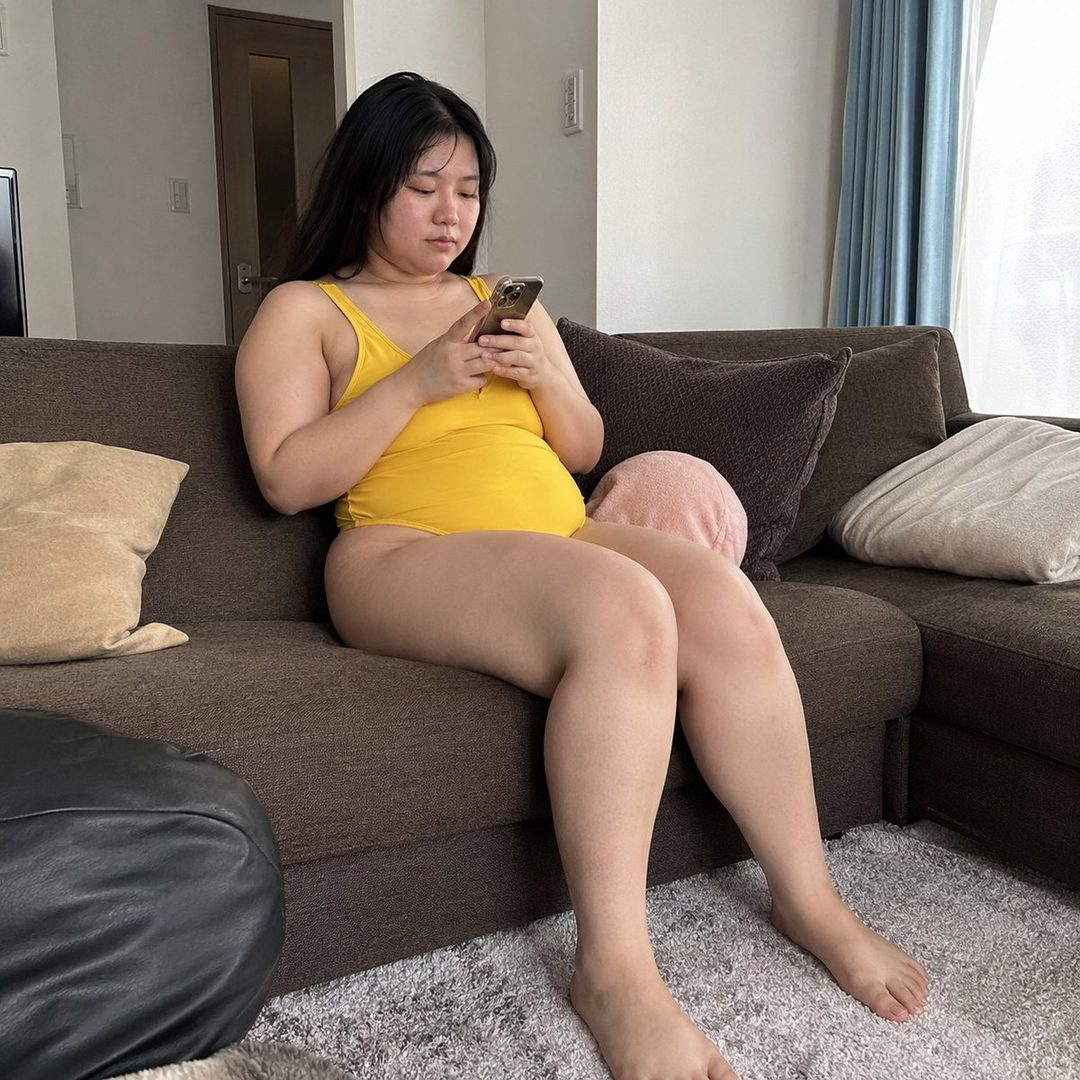 A woman with long black hair wearing a yellow swimsuit sits on a brown sofa, looking at her phone.