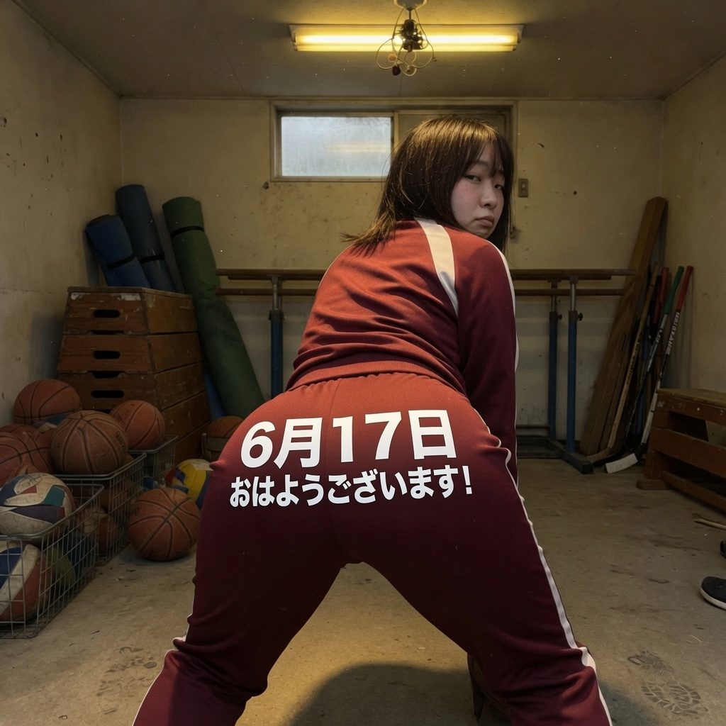 A young woman in a red tracksuit with Japanese text on the back poses in an indoor setting with basketballs.