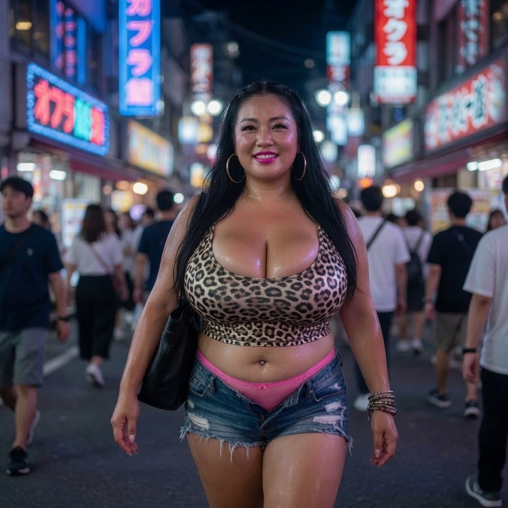 A woman with long black hair, wearing a leopard print top and denim shorts, walks down a neon-lit street at night.