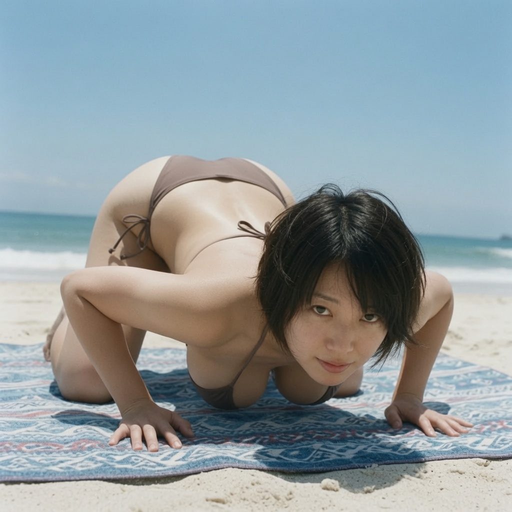A woman in a brown bikini poses on a beach towel on the sand, looking at the camera.