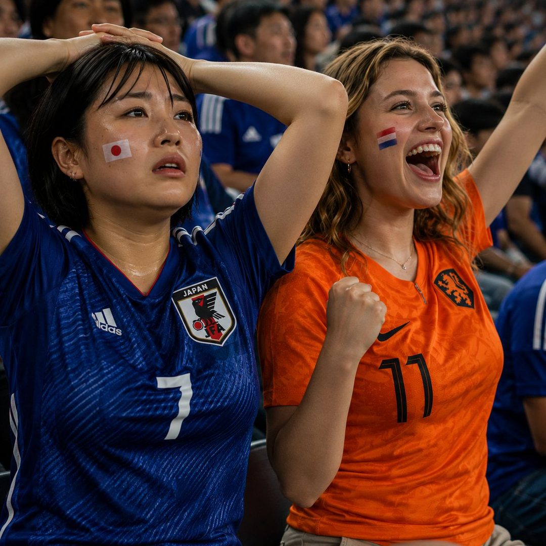 Two women, one in a blue Japan jersey and another in an orange Netherlands jersey, are watching a sports game with face paint on their cheeks.