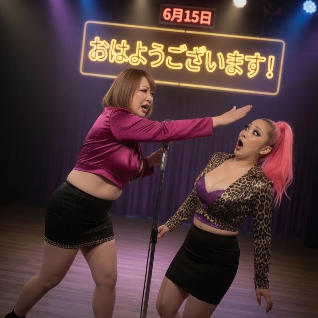 Two women on a stage, one with brown hair in a purple top and black skirt, the other with pink hair in a leopard print jacket and black skirt, both making expressive faces.