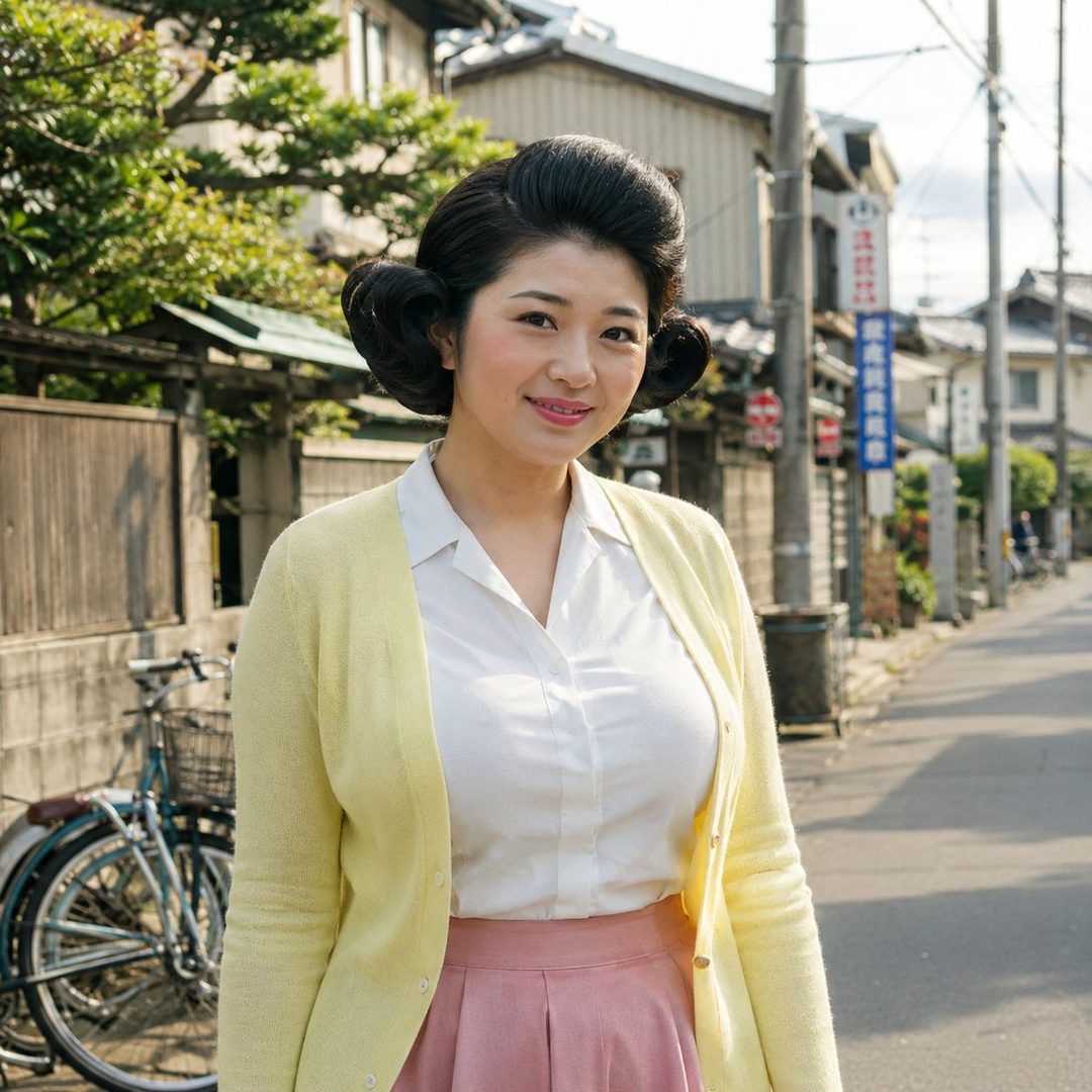 A Japanese woman with a retro hairstyle, wearing a white blouse and yellow cardigan, stands on a street with traditional houses in the background.