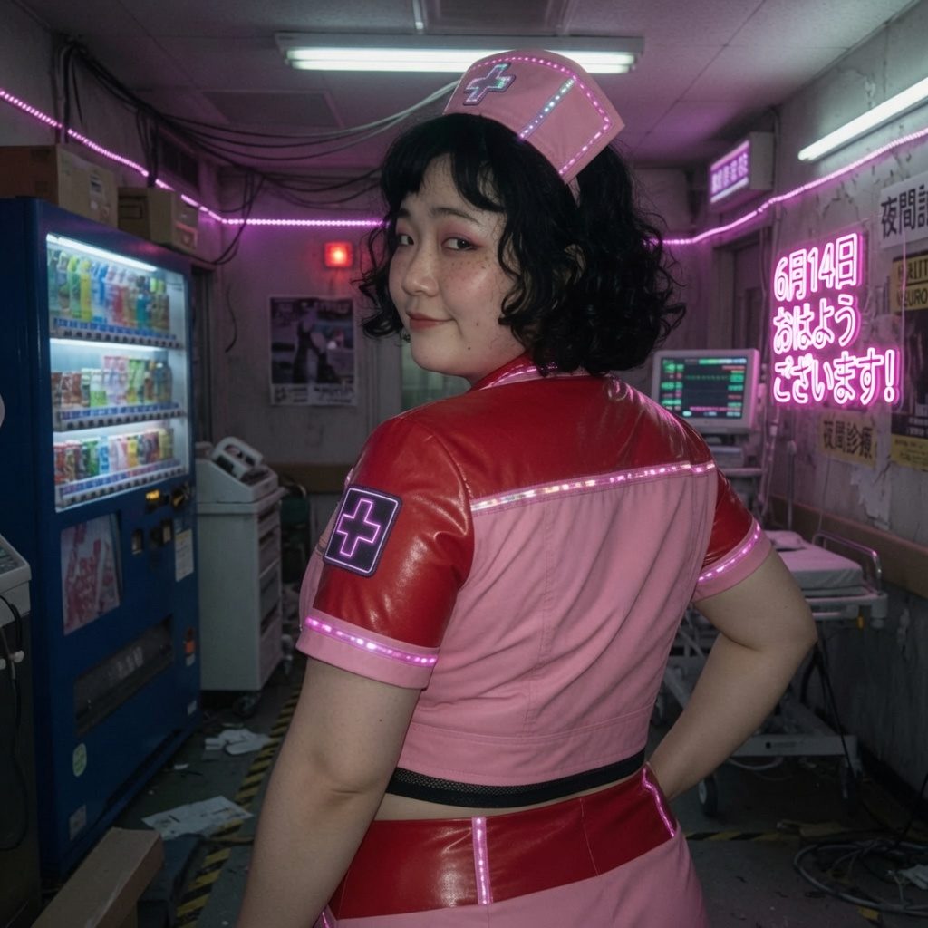 A woman in a pink and red nurse-like outfit with glowing accents stands in a neon-lit room with a vending machine.