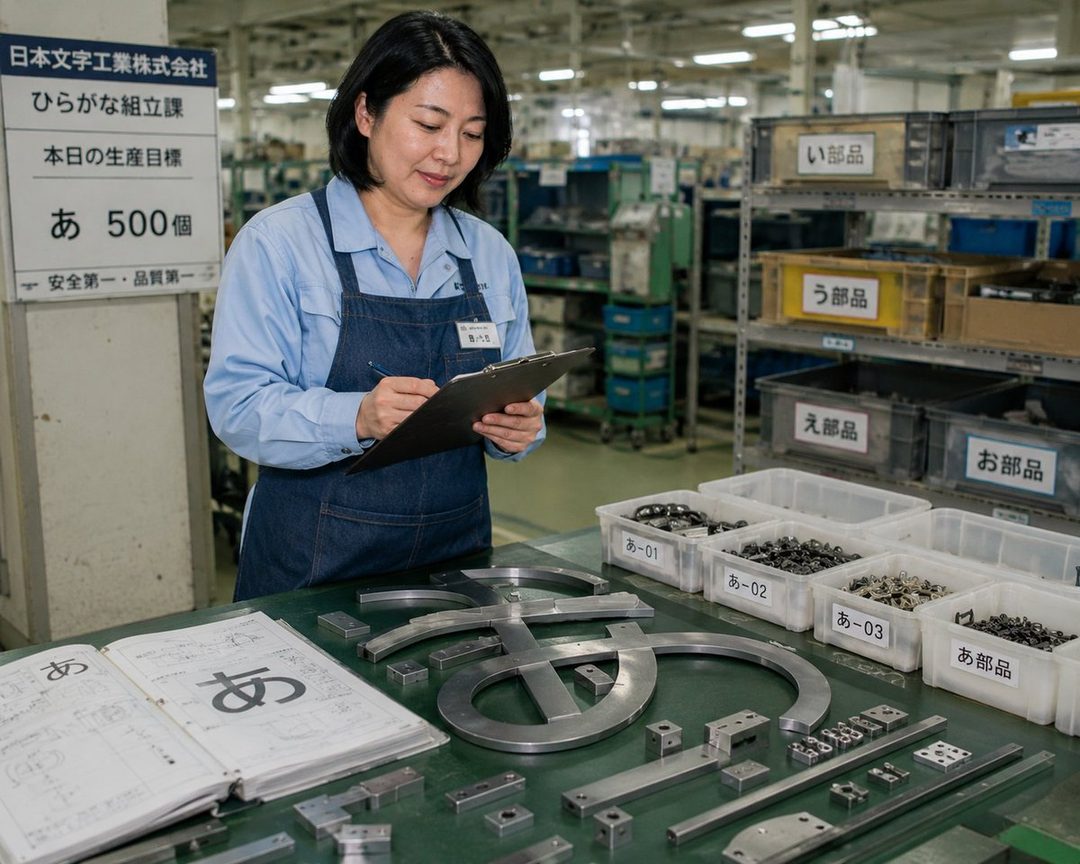 A Japanese woman in a factory setting, wearing a blue shirt and apron, writing on a clipboard while inspecting metal parts.