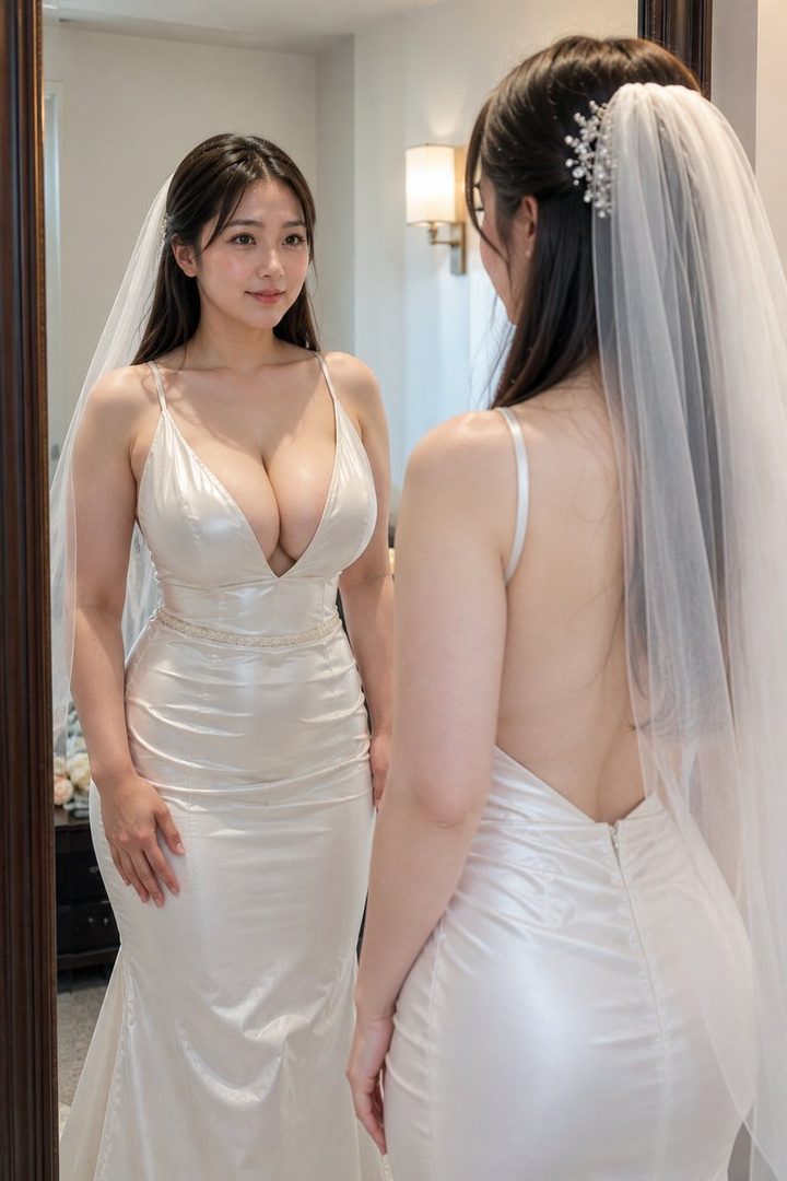 A beautiful East Asian woman in a white wedding dress with a veil looks at her reflection in a mirror.
