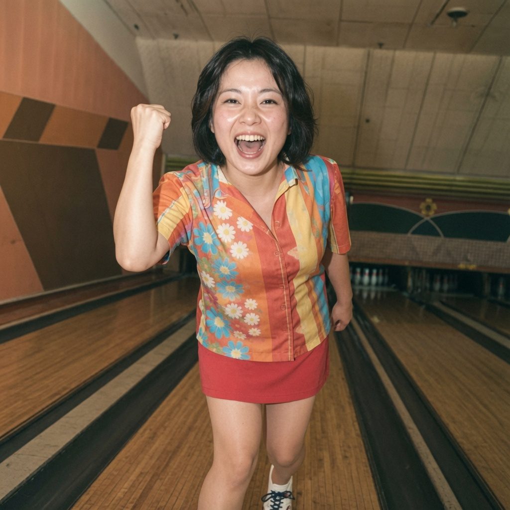 A cheerful East Asian woman in a colorful floral shirt and red skirt celebrates at a bowling alley.