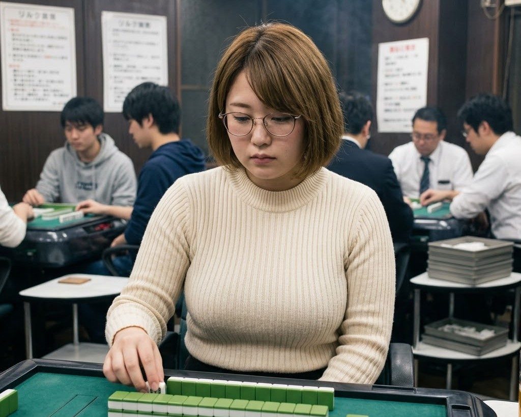 A young woman with short brown hair and glasses plays mahjong indoors, wearing a cream-colored sweater.