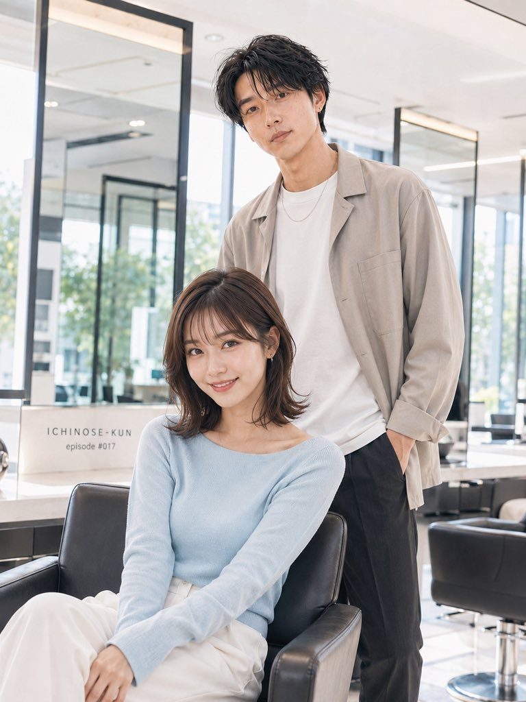 A man and a woman pose in a bright hair salon, with the woman sitting in a chair and the man standing behind her.