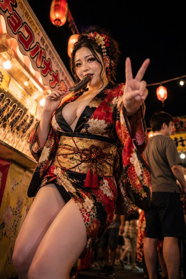 A woman in a red and black kimono eats a snack and makes a peace sign at a night festival.