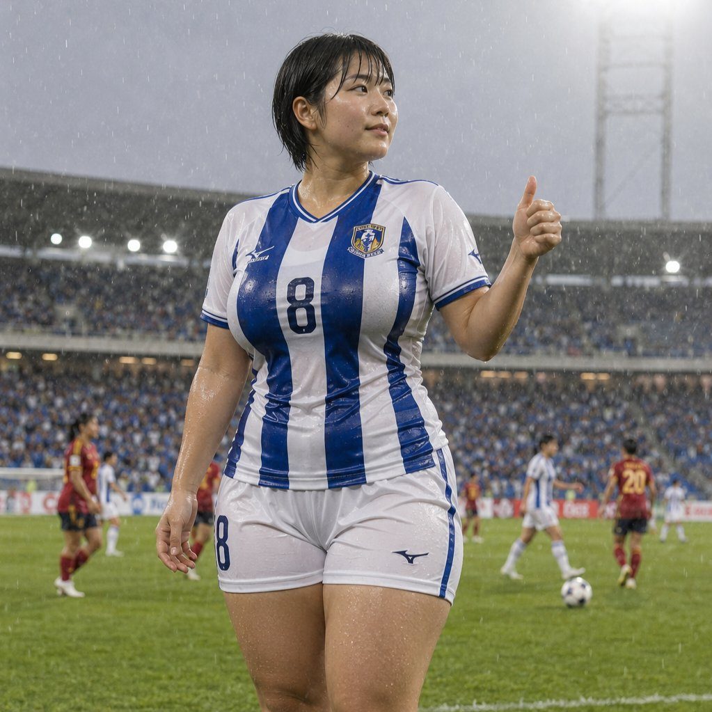 A woman in a wet blue and white soccer jersey gives a thumbs up on a rainy field.