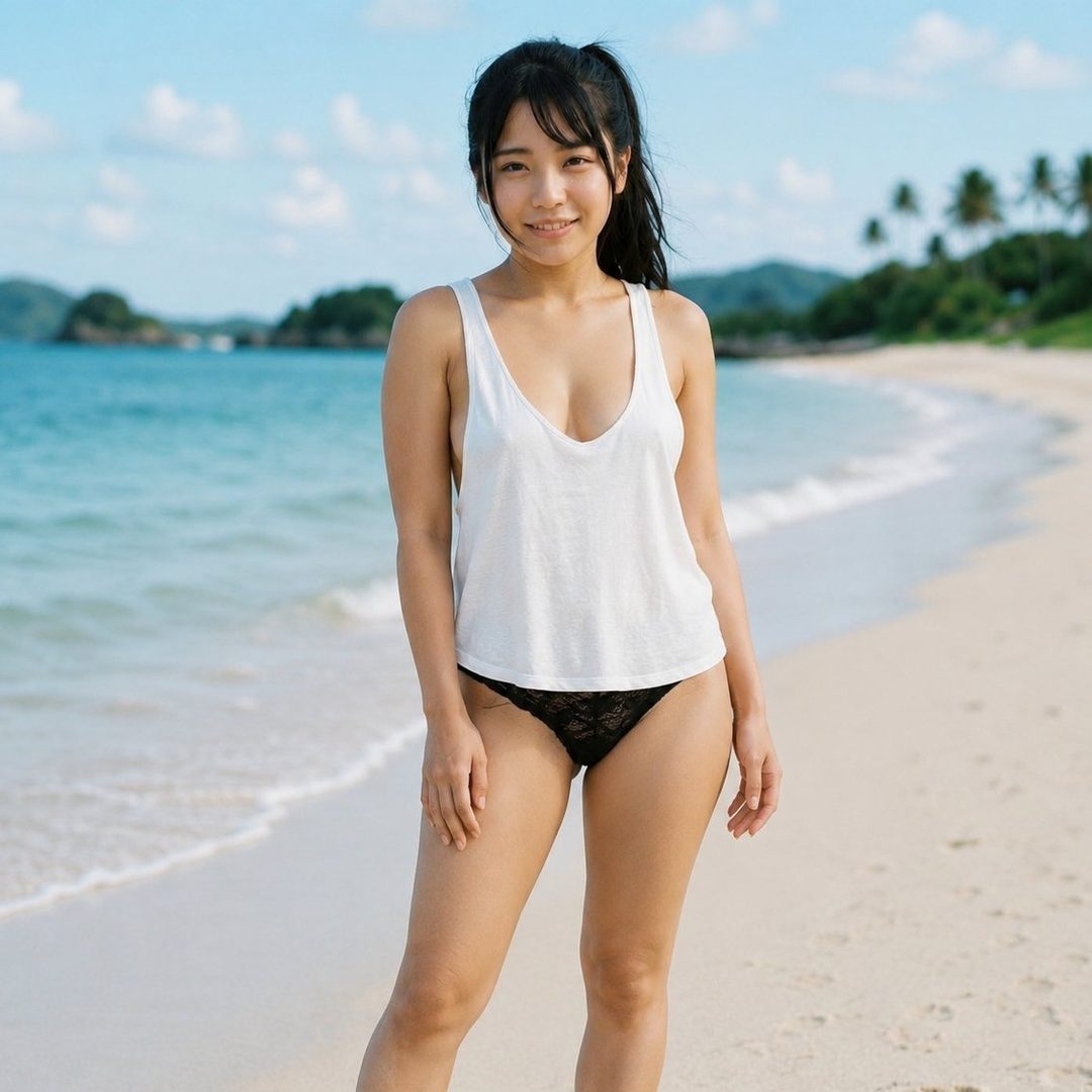 A young woman in a white tank top and black bikini bottoms stands on a sandy beach with the ocean in the background.
