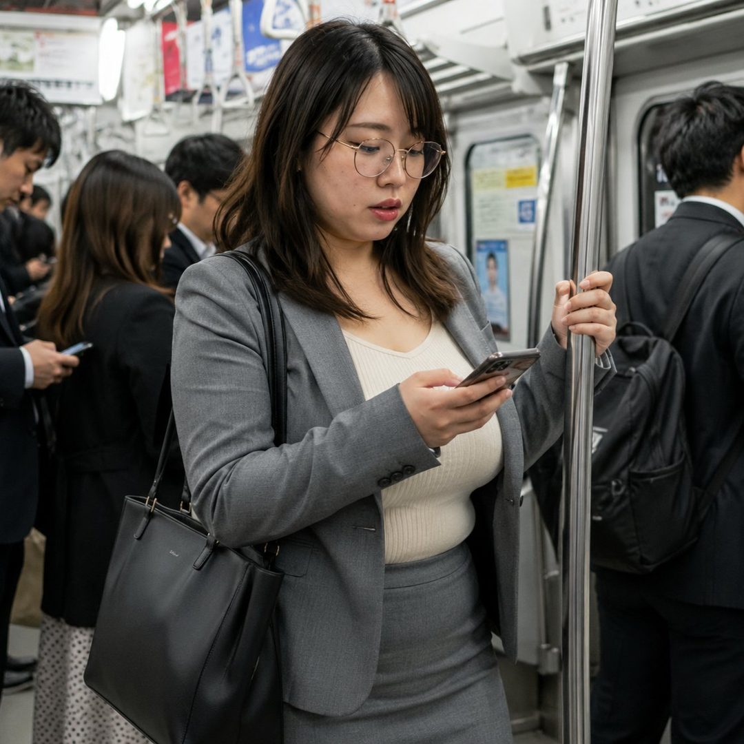 A young East Asian woman in a grey suit and glasses is looking at her phone while standing on a crowded train.