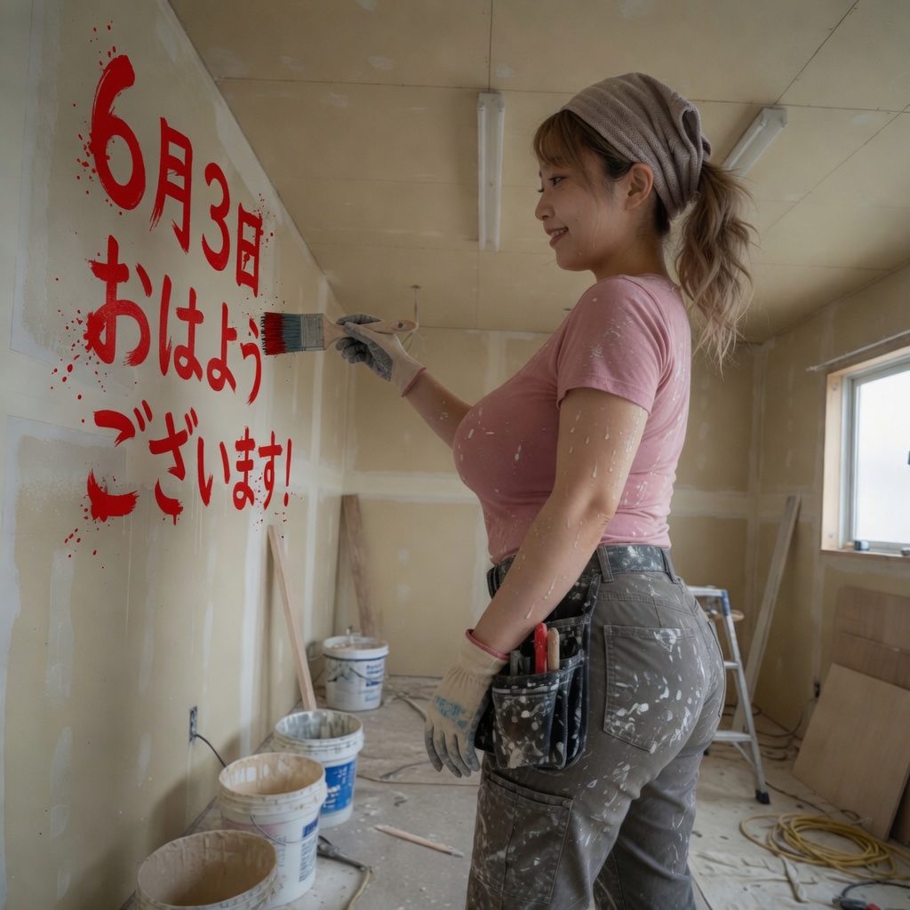 A woman in work clothes is painting Japanese text on a wall in an indoor setting.