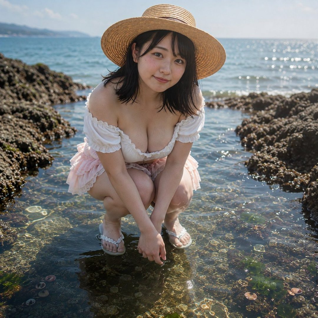 A cute East Asian woman in a straw hat and white off-shoulder top crouches in shallow clear water on a rocky beach.