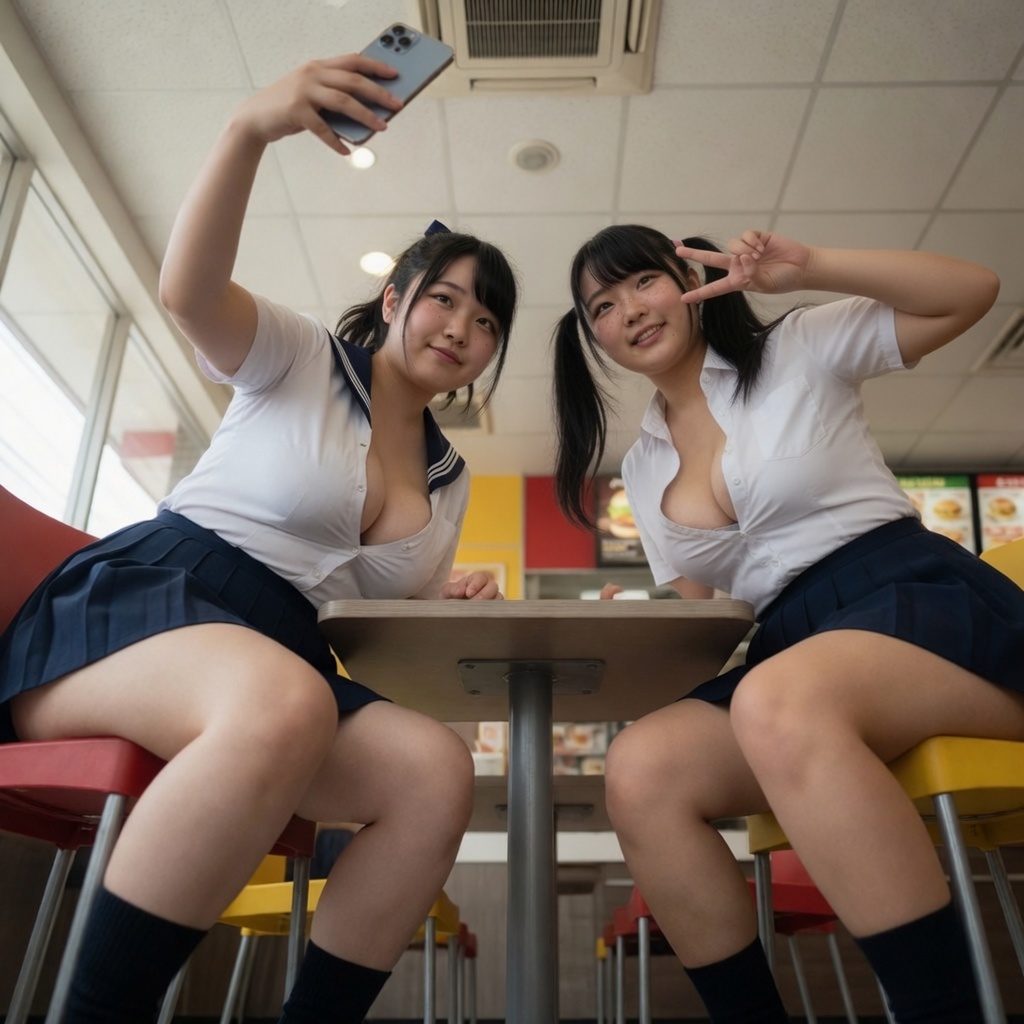 Two young women in school uniforms take a selfie at a fast-food restaurant.