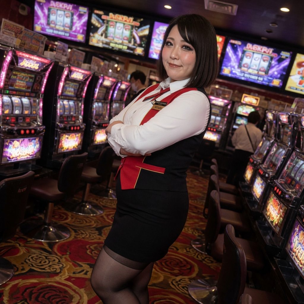 A woman with short black hair wearing a white shirt and black vest with red accents stands in a casino, smiling at the camera.