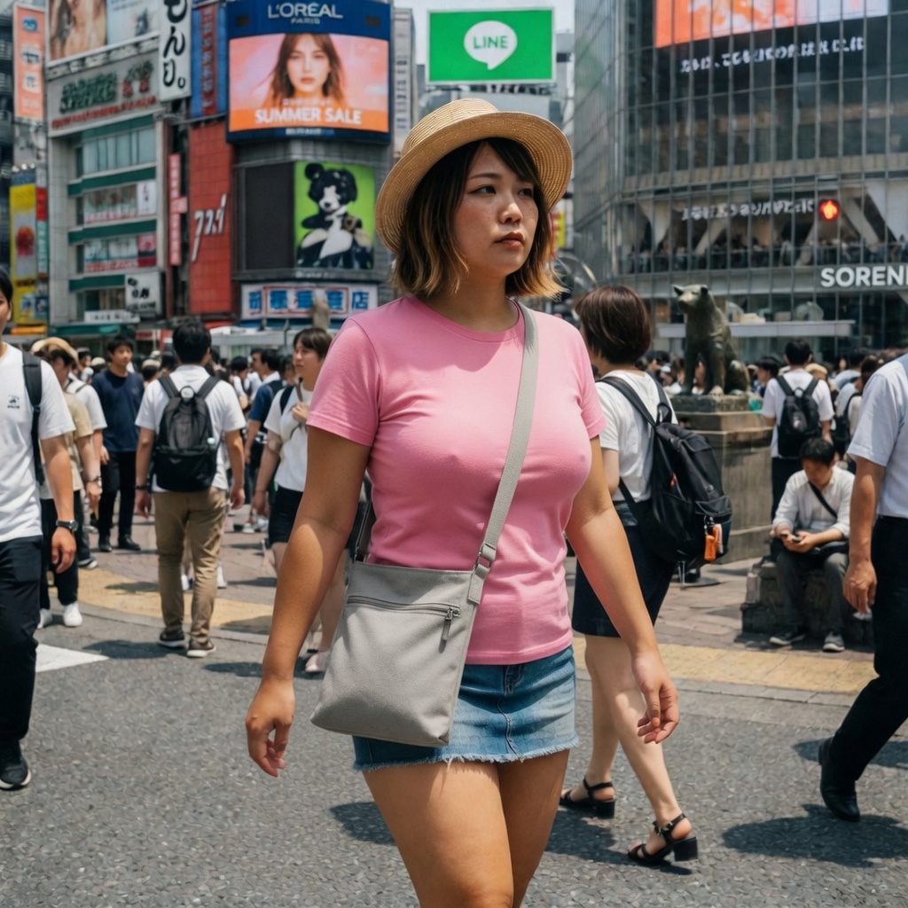 A young woman in a pink t-shirt and denim skirt walks through a busy city street in Japan.